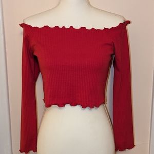 Missguided red Lettuce hem Cropped Top off the shoulder ribbed sz 8 Large NWT